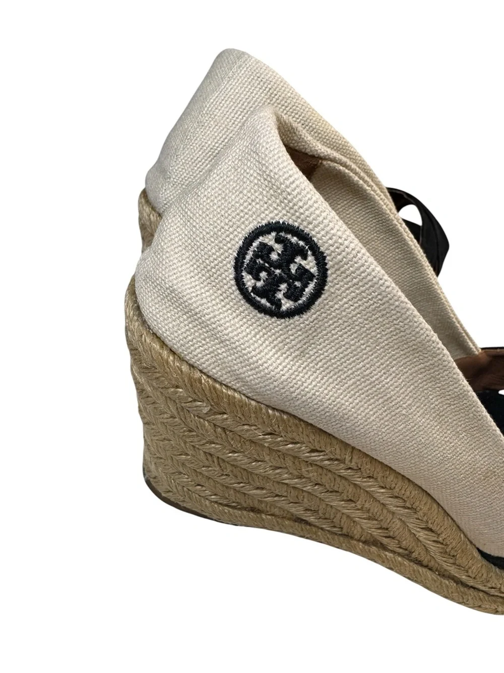 Tory Burch Black Cream Canvas Embroidered Logo Peep Toe Espadrille Wedge Shoes 7